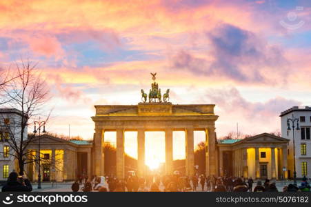 Illuminated Brandenburg Gate sunset view, Berlin, Germany