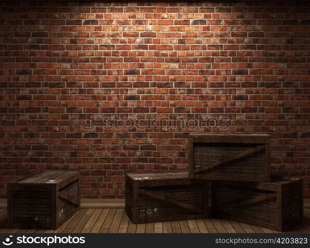 illuminated brick wall and boxes made in 3D graphics