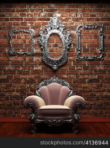 illuminated brick wall and chair made in 3D graphics