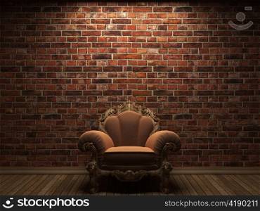 illuminated brick wall and chair made in 3D graphics
