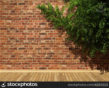 illuminated brick wall and ivy made in 3D graphics
