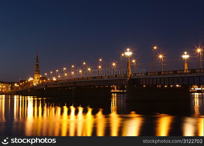 Illuminated bridge in Riga, Latvia