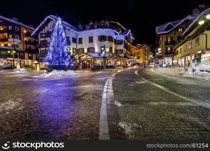 Illuminated Central Square of Madonna di Campiglio in the Evening, Italian Alps, Italy