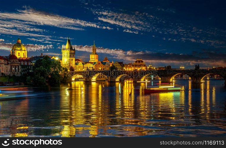 Illuminated Charles Bridge in Prague at night. Charles Bridge at night
