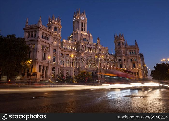 Illuminated Cibeles Palace at twilight, Madrid, Spain
