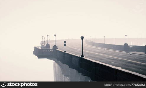 illuminated empty road bridge in a fog