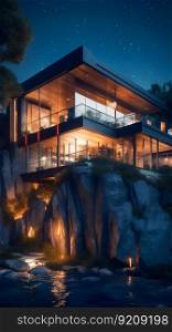 Illuminated Exterior of Modern Architecture in Rock at Night Time. Generative ai. High quality illustration. Illuminated Exterior of Modern Architecture in Rock at Night Time. Generative ai