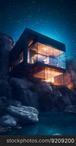 Illuminated Exterior of Modern Architecture in Rock at Night Time. Generative ai. High quality illustration. Illuminated Exterior of Modern Architecture in Rock at Night Time. Generative ai