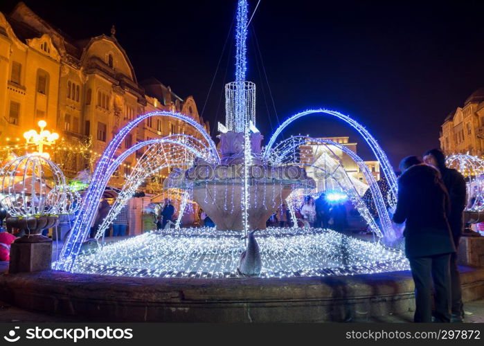 "Illuminated fountain known as "The fish fountain". Long exposure."