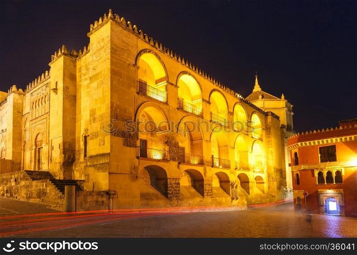 Illuminated Great Mosque Mezquita - Catedral de Cordoba at night, Cordoba, Andalusia, Spain