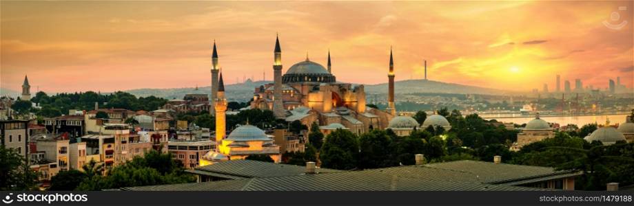 Illuminated Hagia Sophia and beautiful sunset in Istanbul, Turkey