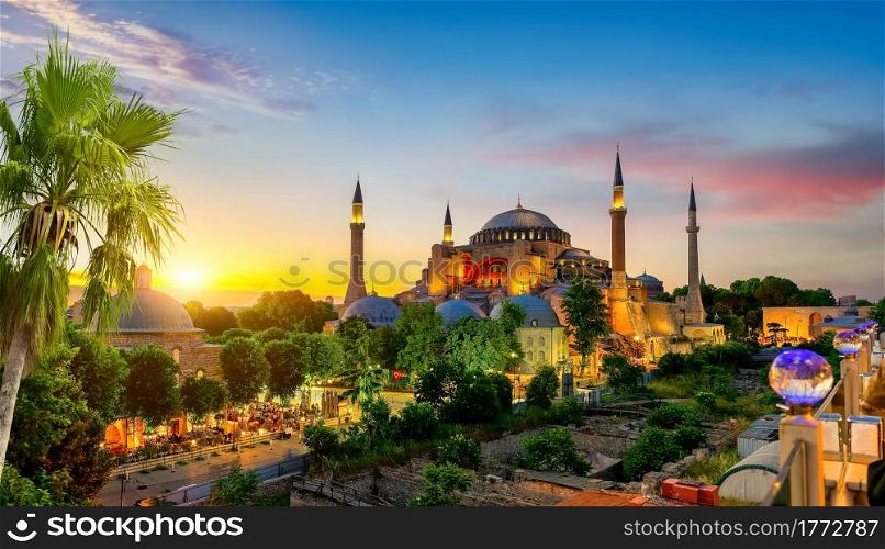 Illuminated Hagia Sophia in summer evening of Istanbul, Turkey. Hagia Sophia and palm tree