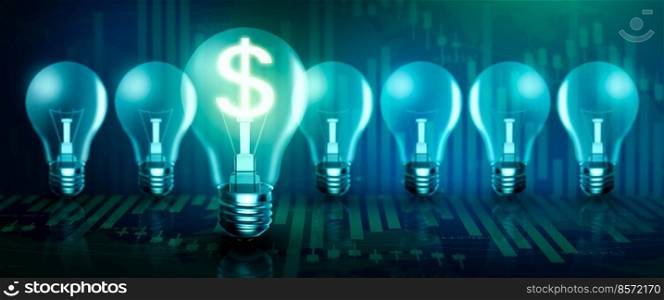 Illuminated light bulb in a row. One different Glowing with dollar sign inside on stock market graph background. Money making idea and Growth of dollar exchange rate Concept. 3D Render