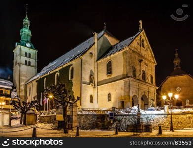 Illuminated Medieval Church in the Center of Megeve, French Alps, France