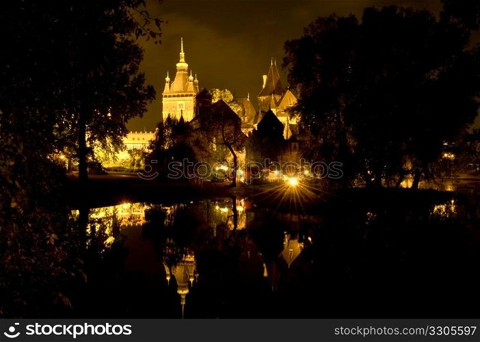 illuminated part of the castle Vajdahunjad in Budapest at night