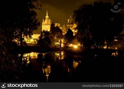 illuminated part of the castle Vajdahunjad in Budapest at night