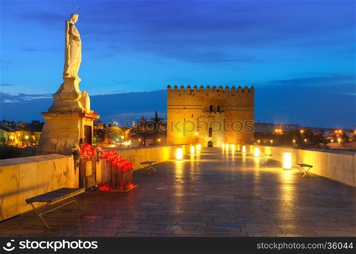 Illuminated Puente Romano, Roman bridge, across Guadalquivir river, Altar of the Virgin Mary and and Torre de Calahorra, Calahorra Tower, Cordoba, Andalusia, Spain