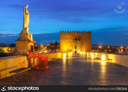 Illuminated Puente Romano, Roman bridge, across Guadalquivir river, Altar of the Virgin Mary and and Torre de Calahorra, Calahorra Tower, Cordoba, Andalusia, Spain