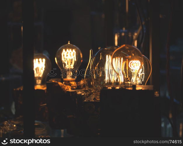 illuminated retro light bulbs, shallow depth of field