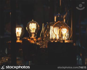 illuminated retro light bulbs, shallow depth of field
