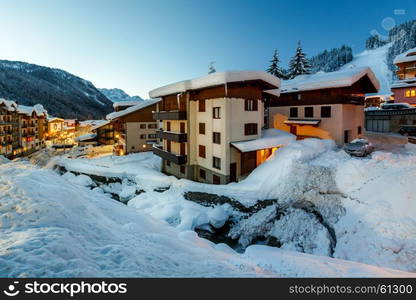 Illuminated Ski Resort of Madonna di Campiglio in the Morning, Italian Alps, Italy