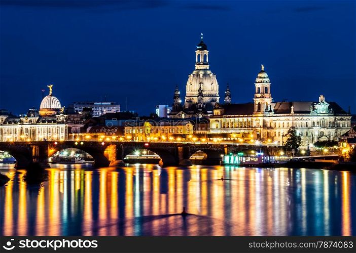 illuminated skyline of Dresden, saxony in the evening