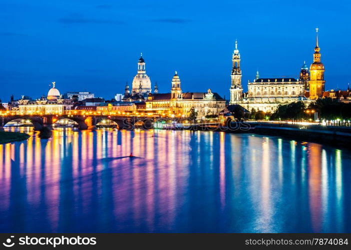 illuminated skyline of Dresden, saxony in the evening
