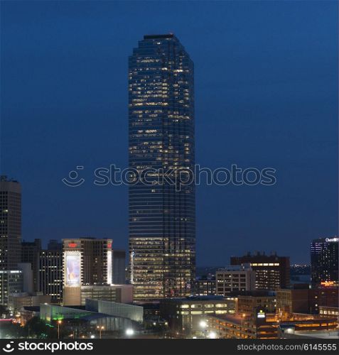 Illuminated skyscraper at night, Victory Park, Dallas, Texas, USA