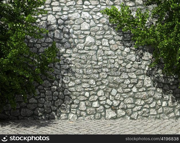 illuminated stone wall and ivy made in 3D graphics