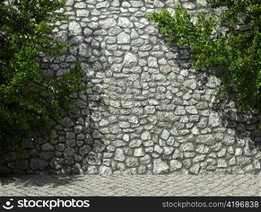 illuminated stone wall and ivy made in 3D graphics