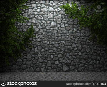 illuminated stone wall and ivy made in 3D graphics