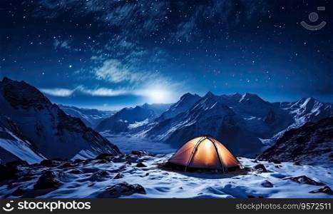 Illuminated tent in snowy mountains under a starry sky. A tranquil alpine camping moment capturing nature&rsquo;s vast splendor. Created with generative AI tools. Illuminated tent in snowy mountains under a starry sky. A tranquil alpine camping moment capturing nature&rsquo;s vast splendor. Created by AI tools