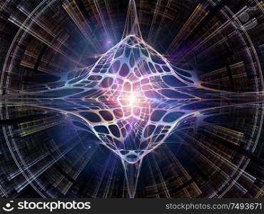 Illuminated three dimensional geometry structure in space. Illustration on the subject of technology, science, education and research.