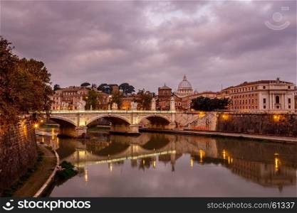 Illuminated Tiber River Embankment and Saint Peter?s Cathedral in the Morning, Rome, Italy