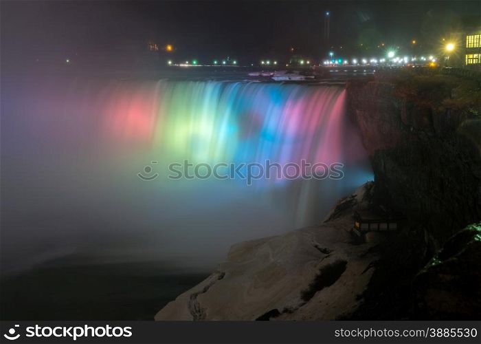 Illumination light at Horseshoe Falls viewed from Table Rock in Queen Victoria Park in Niagara Falls at night, Ontario, Canada