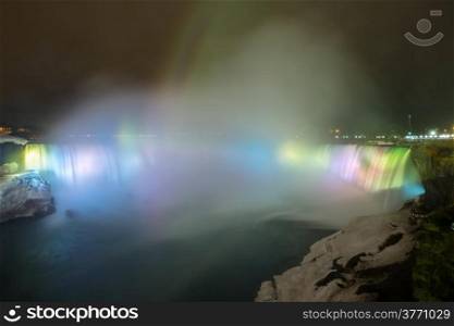 Illumination light of Horseshoe Falls as viewed from Table Rock in Queen Victoria Park in Niagara Falls at night, Ontario, Canada