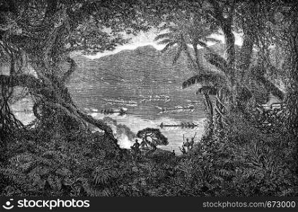 Illumination of the river the day before a holiday, vintage engraved illustration. Le Tour du Monde, Travel Journal, (1872).