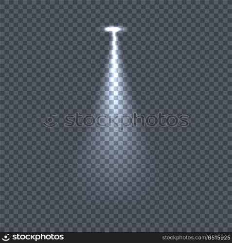 Illumination with Light Effects on Transparency. Illumination with bright light effects on transparent plaid background. Lighting with spotlights. Scene stage disco spotlight lights. Projectors light sources. Glowing glitter. Bright sparkle. Vector