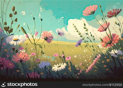 Illustrated depiction of a meadow full of blooming flowers during the spring season. Generative AI.