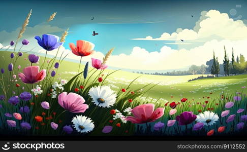 Illustrated depiction of a meadow full of blooming flowers during the spring season. Generative AI.