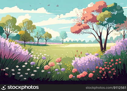 Illustrated depiction of a meadow full of blooming flowers during the spring season. Generative AI.