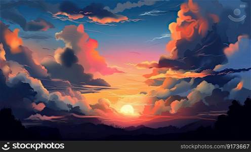 Illustrated sky with clouds, sun, stars, and sunrise or sunset. Artistic digital drawing. Atmospheric and dreamlike generative AI