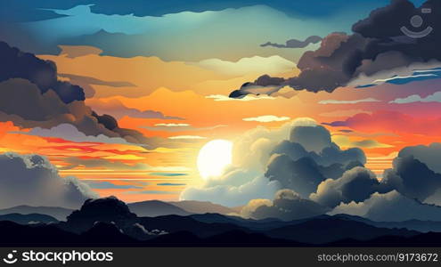 Illustrated sky with clouds, sun, stars, and sunrise or sunset. Artistic digital drawing. Atmospheric and dreamlike generative AI