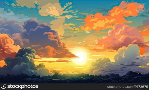 Illustrated sky with clouds, sun, stars, and sunrise or sunset. Artistic digital drawing. Atmospheric and dreamlike generative AI