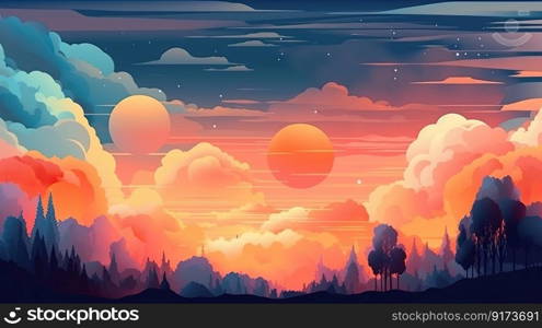 Illustrated sky with clouds, sun, stars, and sunrise or sunset. Artistic digital drawing. Atmospheric and dreamlike generative AI