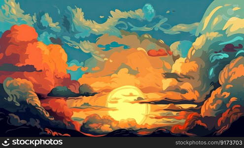 Illustrated sky with clouds, sun, stars, and sunrise or sunset. Artistic digital drawing. Atmospheric and dreamlike generative AI