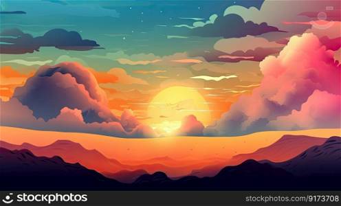 Illustrated sky with clouds, sun, stars, and sunrise or sunset. Artistic digital drawing. Atmospheric and dreamlike generative AI