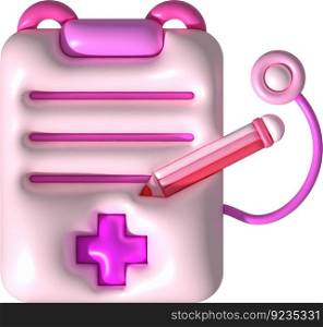 illustration 3d. checklist or patient history with stethoscope. Icon of patient treatment diagnosis information.