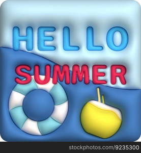 illustration 3d, coconut icon, rubber ring, in summer, with text Hello Summer for design