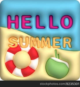 illustration 3d, coconut icon, rubber ring, in summer, with text Hello Summer for design